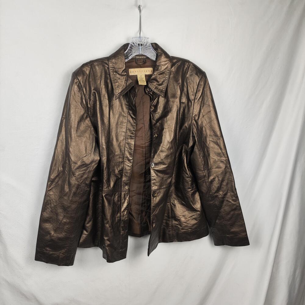 Apostrophe Jacket Womens 12 Brown Leather Button Front Collared Lined Mid Length